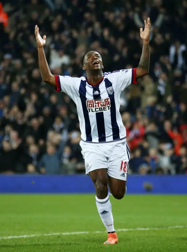 Saido Berahino celebrates scoring West Brom's third