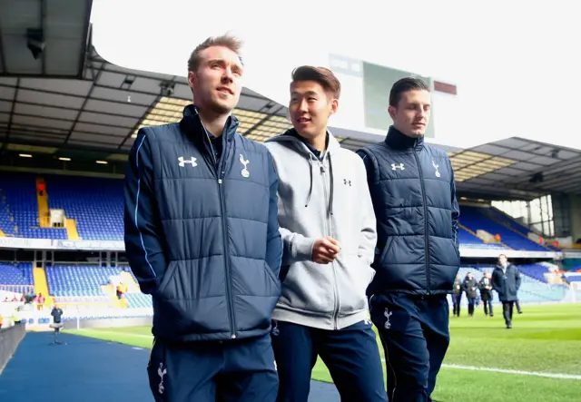 Christian Eriksen, Son Heung-Min and Kevin Wimmer of Tottenham Hotspur arrive