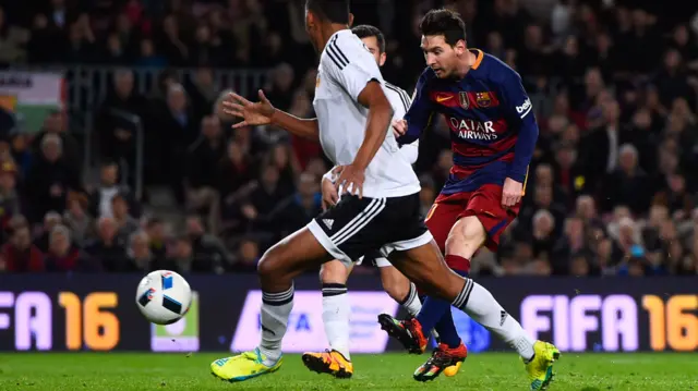 Lionel Messi scores Barcelona's third goal in the Copa del Rey semi final