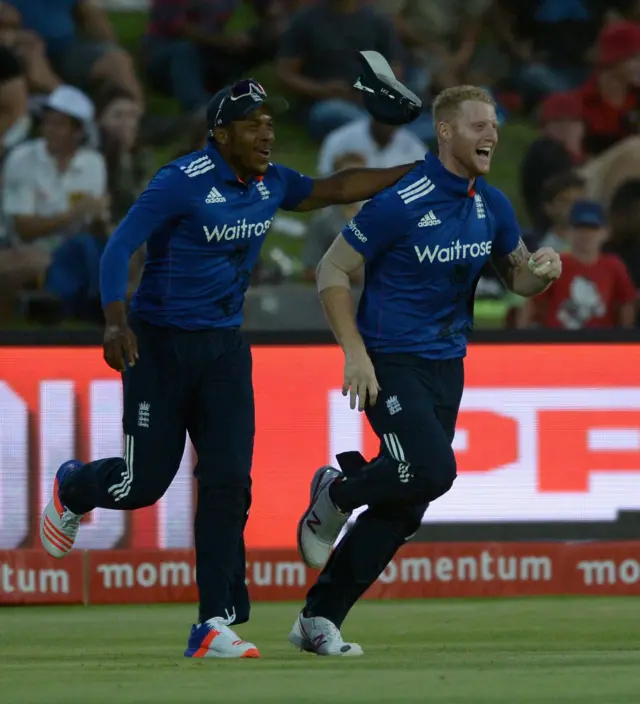 Ben Stokes and Chris Jordan celebrate