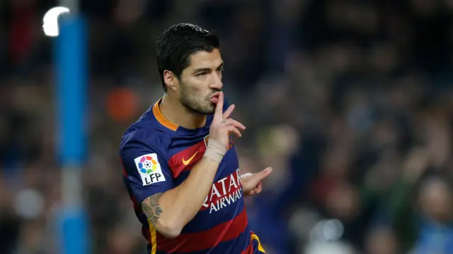 Luis Suarez scores his second goal against Valencia in the Copa del Rey Semi Final