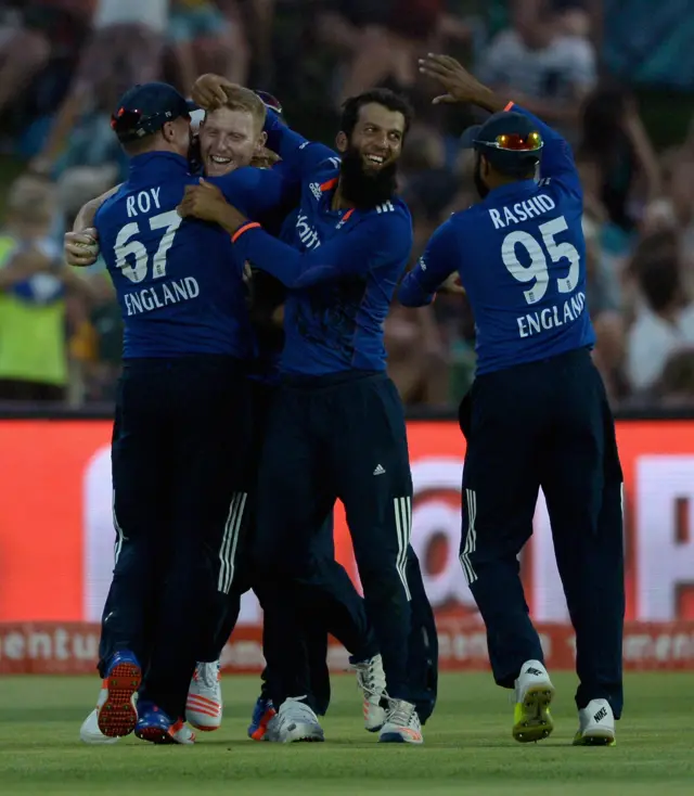 Ben Stokes celebrates catching AB De Villiers