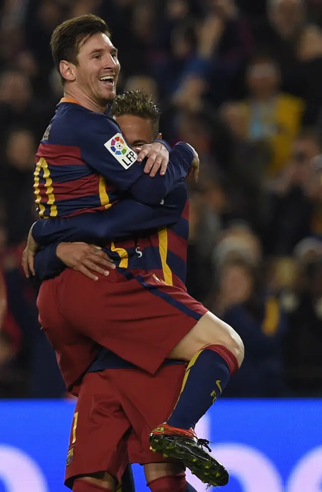 Lionel Messi celebrates his second goal against Valencia in the Copa del Rey semi final.