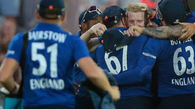 Ben Stokes celebrates with his team mates