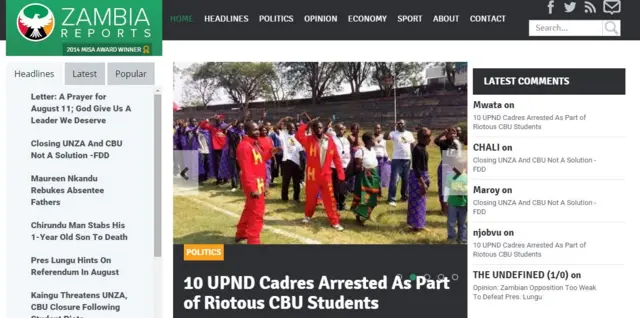 front page of zambia reports headline