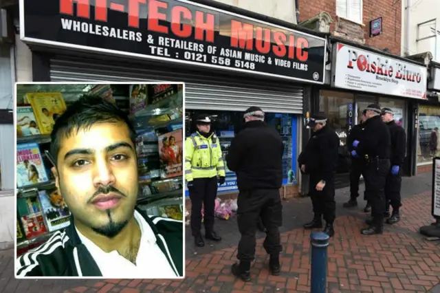 Mr Iqbal's business, Hi-Tech Music shop in Smethwick, and inset, Tanveer Iqbal