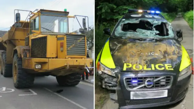 Dumper truck and police car