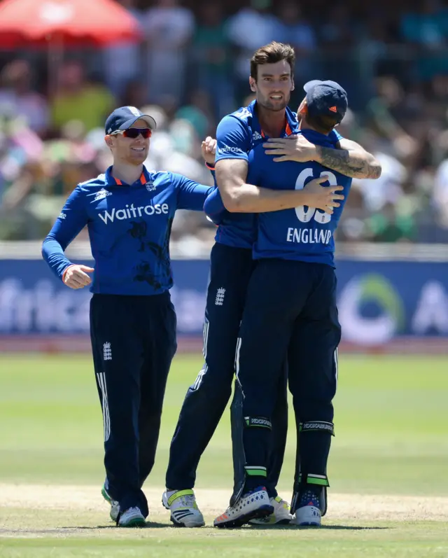 Reece Topley of England celebrates