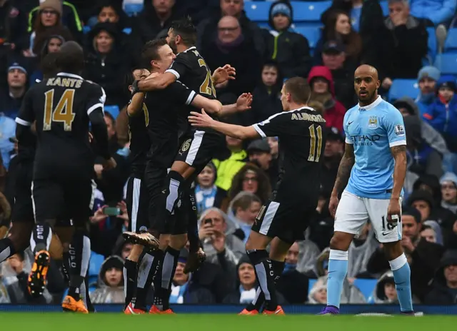 Robert Huth of Leicester City celebrates scoring his team's first goal