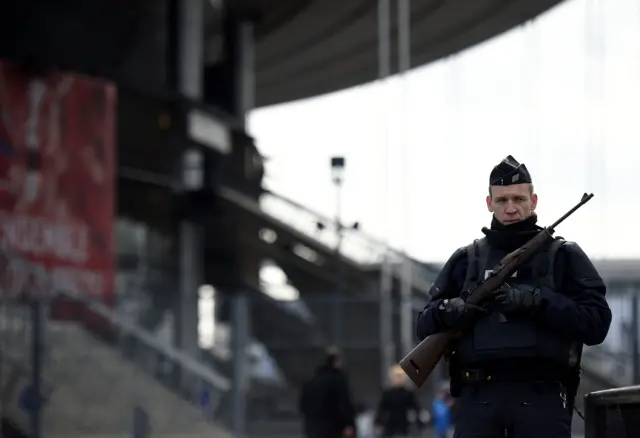 An armed guard at the Stade de France