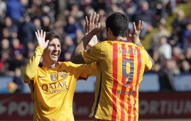 Luis Suarez and Lionel Messi celebrate