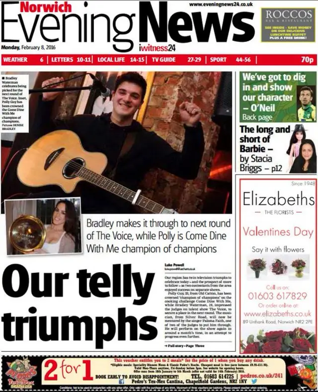 Front page of the Norwich Evening News