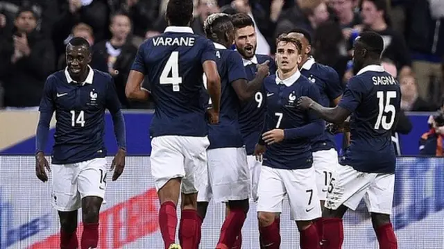 France team celebrate during a friendly with Germany