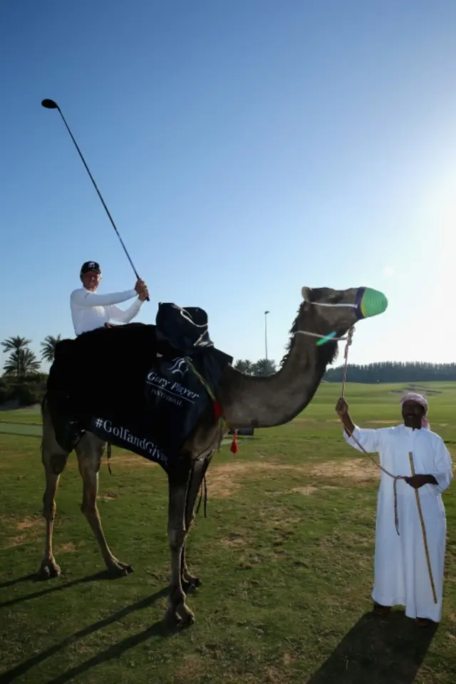 Gary Player of South Africa takes part in the worlds first camel golf after the Gary Player Invitational Abu Dhabi at Saadiyat Beach Golf Club on February 8, 2016 in Abu Dhabi, United Arab Emirates