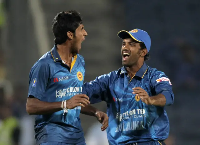 Kasun Rajith of Sri Lanka celebrates