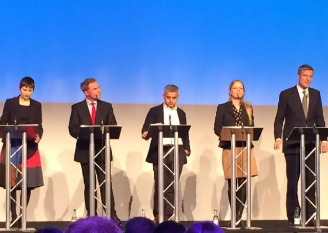 Caroline Pidgeon, (Lib Dem) Peter Whittle, (Ukip) Sadiq Khan, (Lab) Sian Berry (Green) and Zac Goldsmith (Cons)