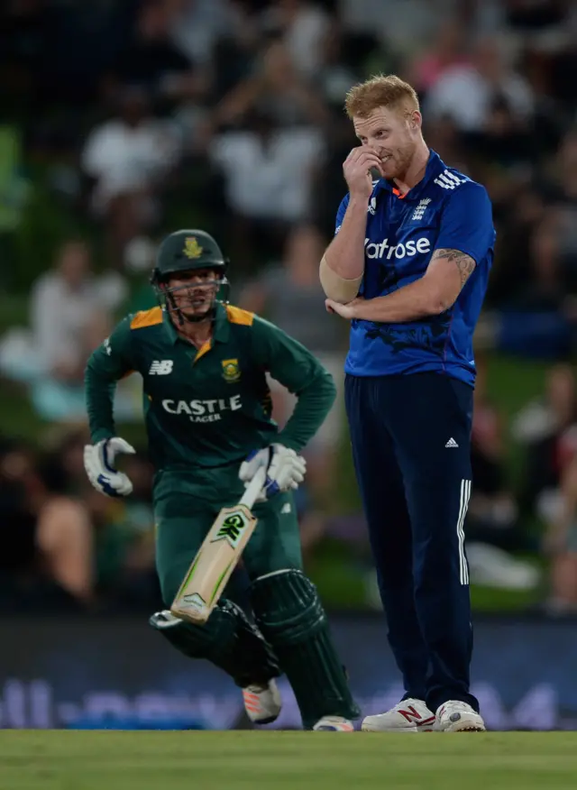 Ben Stokes reacts after a delivery