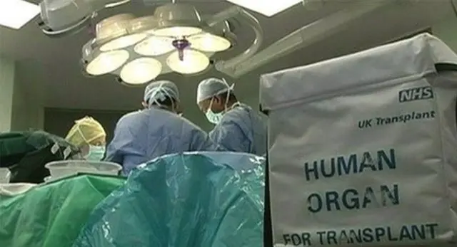 Doctors performing transplant with organ bad beside operating table