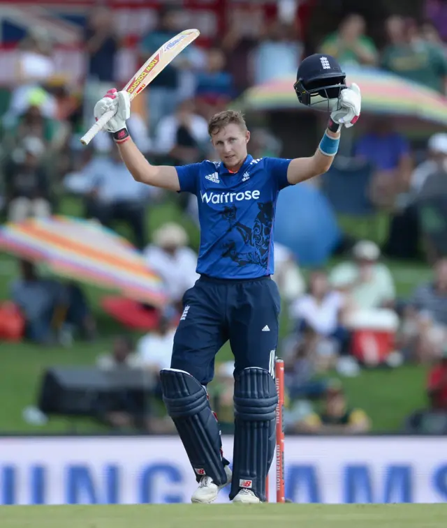 Joe Root of England celebrates his century