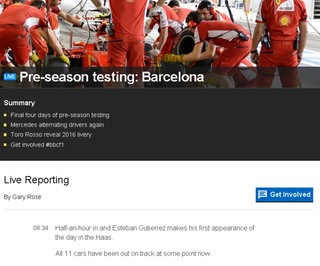 Live text coverage of F1 testing