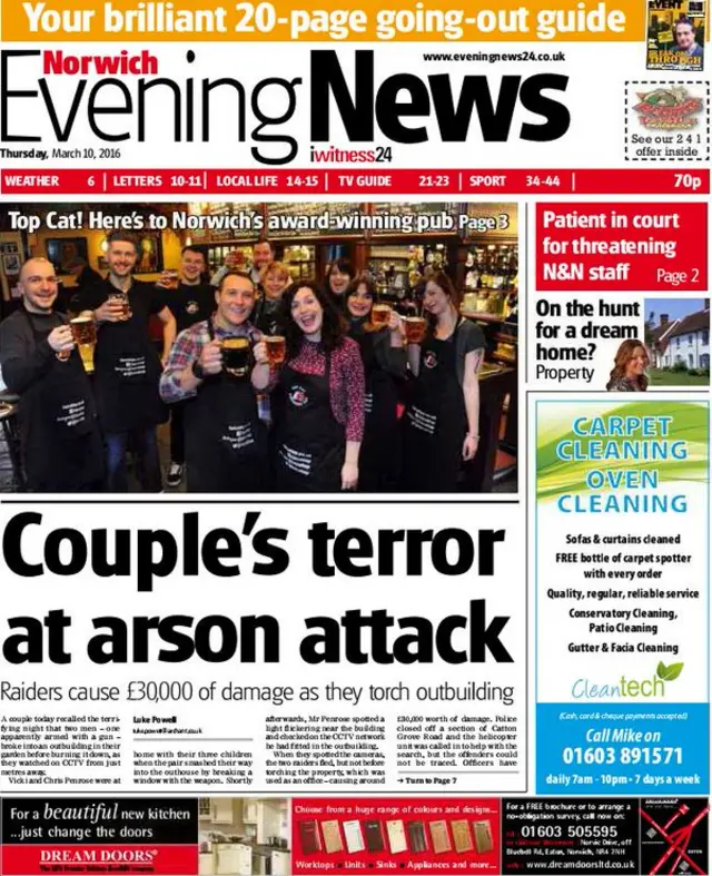 Front page of Norwich Evening News