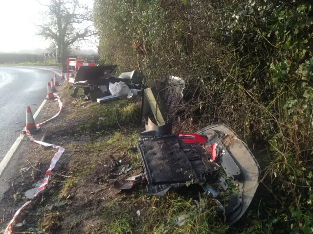 Scene of crash and broken BT cabinet