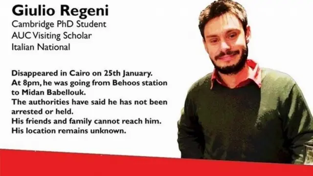 A poster calling for information on Giulio Regeni after his disappearance