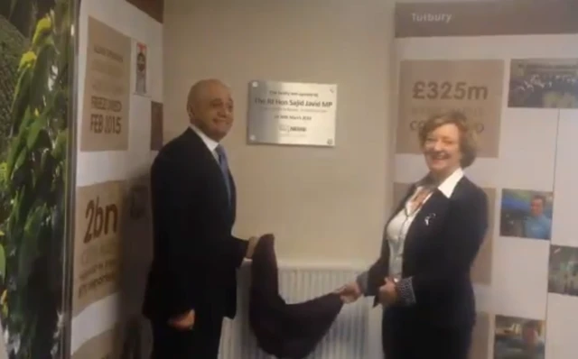 Business Secretary Sajid Javid unveils a plaque to officially open the new Nestle factory at Hatton