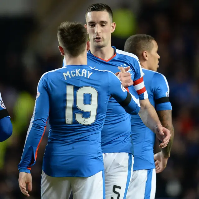 Barrie McKay and Lee Wallace celebrate for Rangers