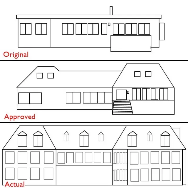 Plans for original house, approved plans and actual plans