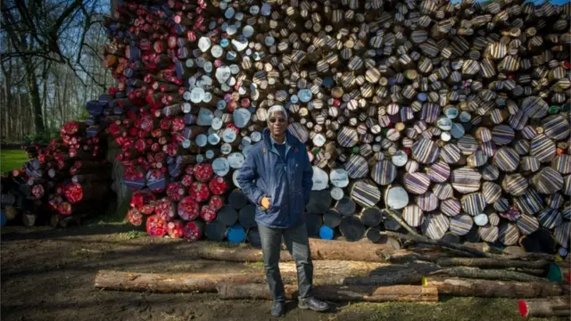 In photo released on 5 March, Ghanaian artist El Anatsui poses in front of one of his installations at the Chaumont-sur-Loire castle on February 29, 2016. The Chaumont-sur-Loire castle, famous for its International Garden Festival, will exhibit at its Centre of Arts and Nature from April 1 through November 2, 2016 the work of El Anatsu