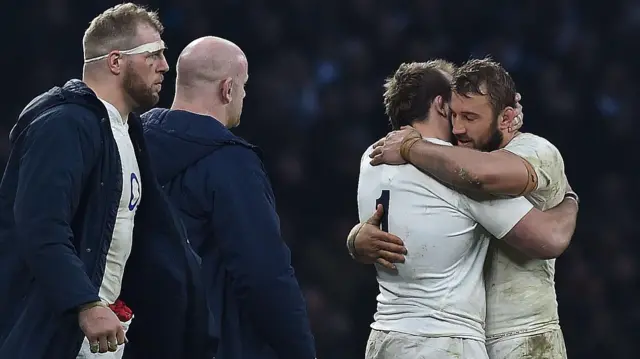 Chris Robshaw and Joe Marler embrace at full-time