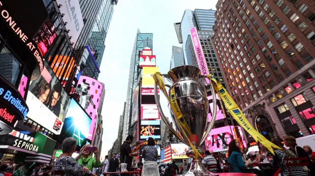 Premiership trophy in Time Square