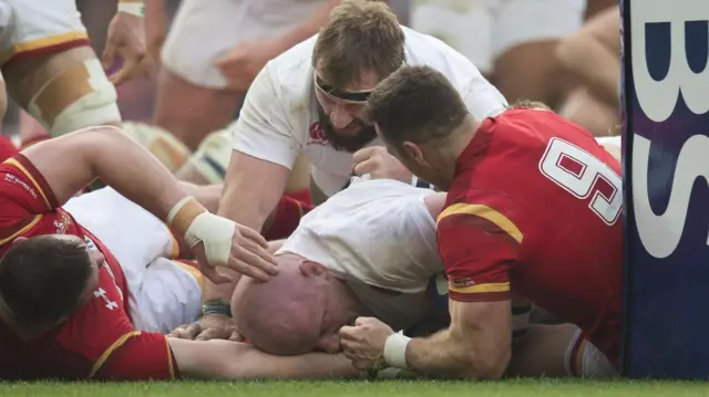 England's Dan Cole is held up on the try line