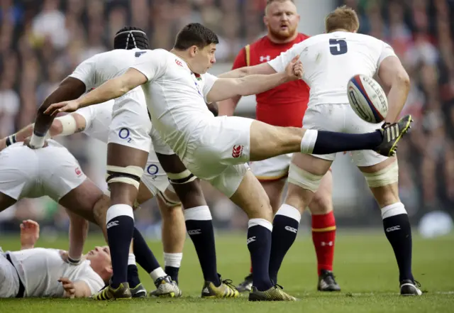 Ben Youngs kicks the ball