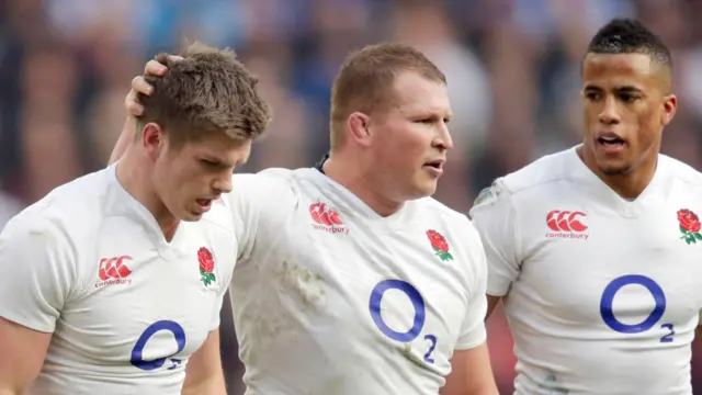 Owen Farrell is congratulated by Dylan Hartley