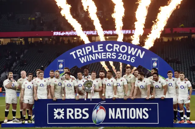 England's players celebrate winning the Triple Crown