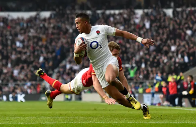 England's Anthony Watson scores a try