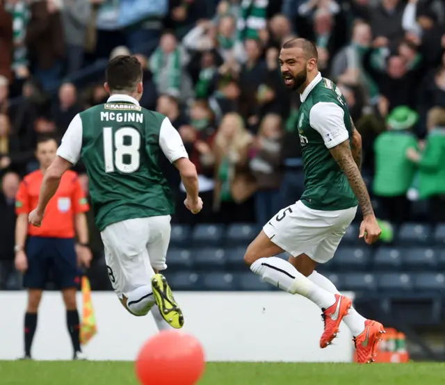 Hibs' John McGinn and Liam Fontaine celebrate