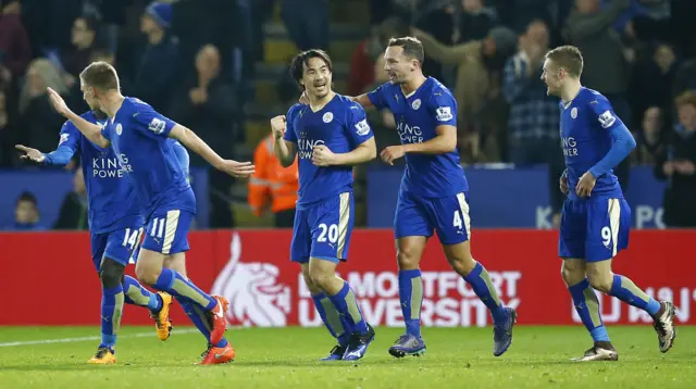 Shinji Okazaki celebrates