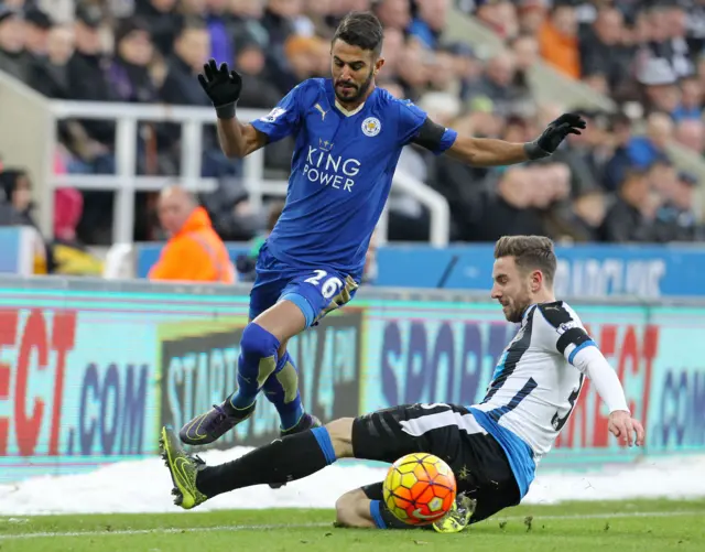 Riyad Mahrez takes on Newcastle's injured defender Paul Dummett back in November 2015