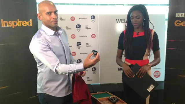 Trevor Sinclair and Jess Creighton conducting the FA People's Cup draws