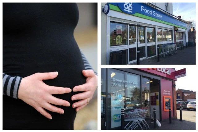 Picture compilation of shops and pregnant woman