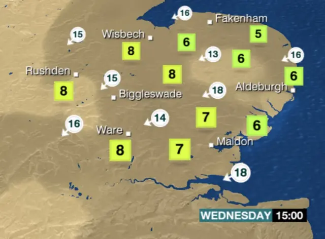 Weather map showing a high of 8C for Wednesday