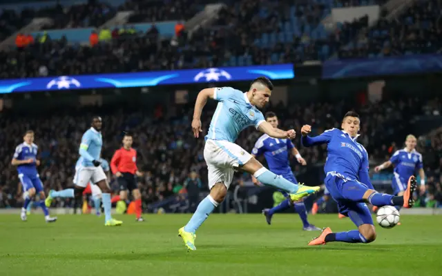 Sergio Aguero shoots towards goal