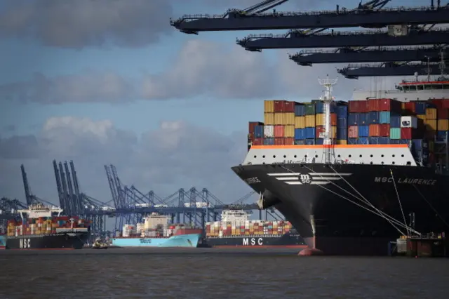 Container ships are unloaded at Felixstowe port