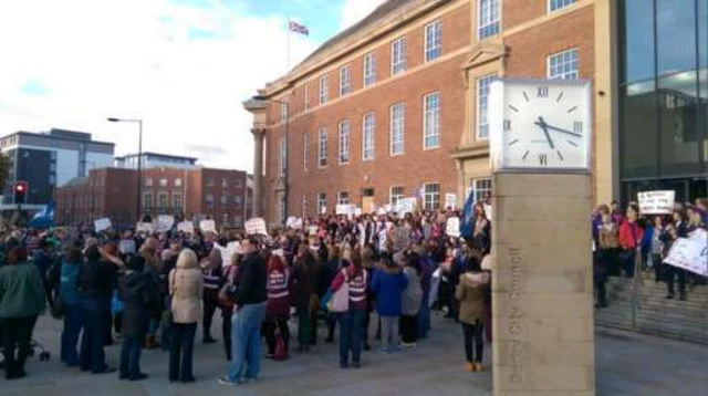 School support staff in Derby at earlier protest outside Derby City Council building over pay review