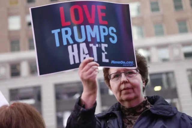 Members of MoveOn.org Political Action stand outside the studios of "Good Morning America"