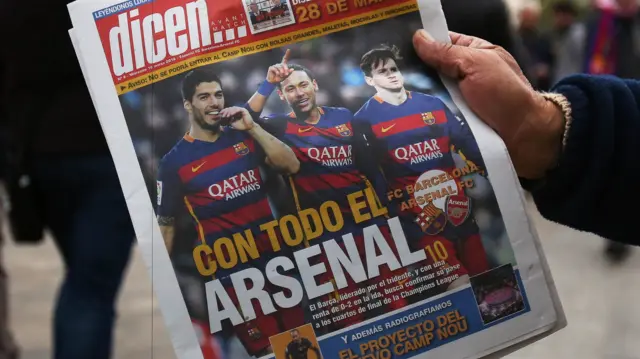 A photo of Lionel Messi, Neymar and Luis Suarez on a Spanish newspaper