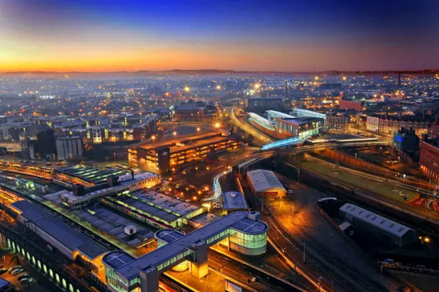 Aerial view of Wolverhampton at dusk